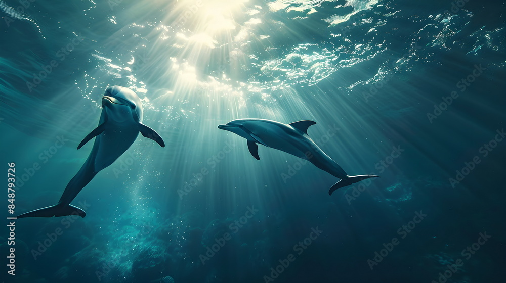 Obraz premium Underwater Dolphins Sunlight Ocean Depths Marine Life Aquatic Graceful Swimming Serene Nature Conservation