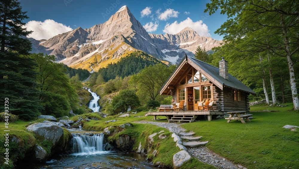 Fototapeta premium mountain hut in the forest with waterfall and peak in background