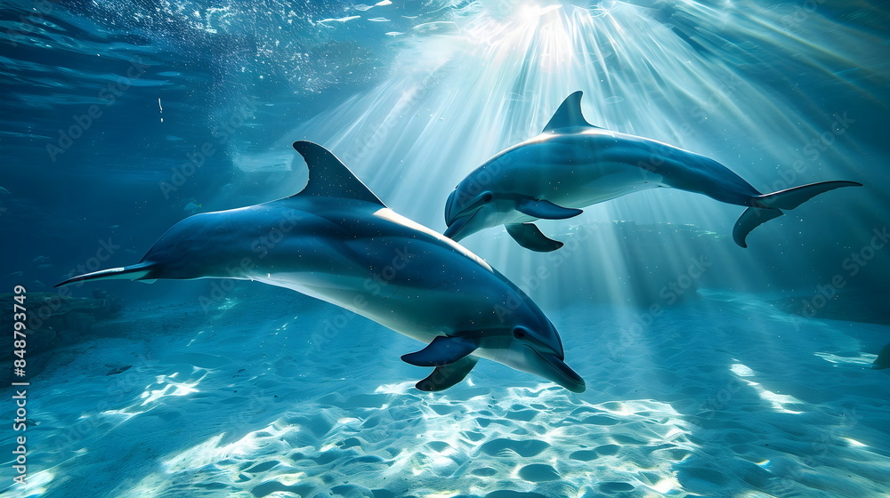 Underwater Dolphins Sunlight Rays Ocean Depths Aquatic Life Marine Ecosystem Serene Waters Wildlife Interaction Underwater Dolphins Sunlight Rays Ocean Depths Aquatic Life Marine Ecosystem Serene Waters Wildlife Interaction