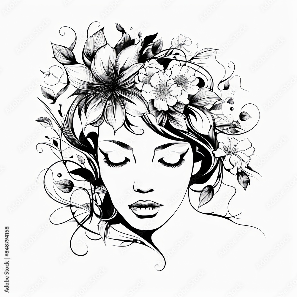 Floral woman face line art illustration on white background Floral woman face line art illustration on white background