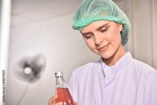 QC manager inspecting the quality of a beverage product in the production process photo