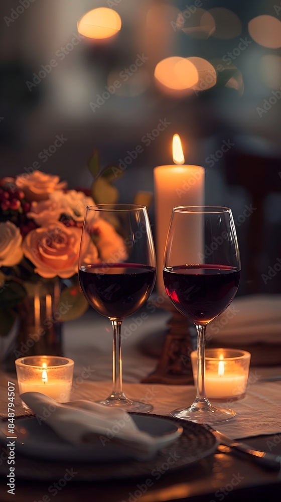 Romantic Candlelit Dinner Setup for Two with Wine Glasses and Flowers Romantic Candlelit Dinner Setup for Two with Wine Glasses and Flowers