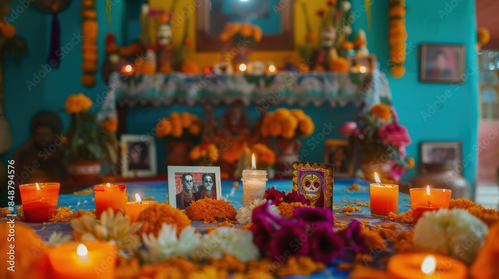 A colorful Day of the Dead altar with candles, marigolds, and photographs of loved ones A colorful Day of the Dead altar with candles, marigolds, and photographs of loved ones