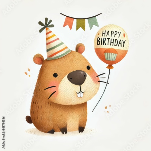 capibara and birthday element. earth tone color, watercolor illustration, Perfect for nursery art, simple clipart, single object, white color background.