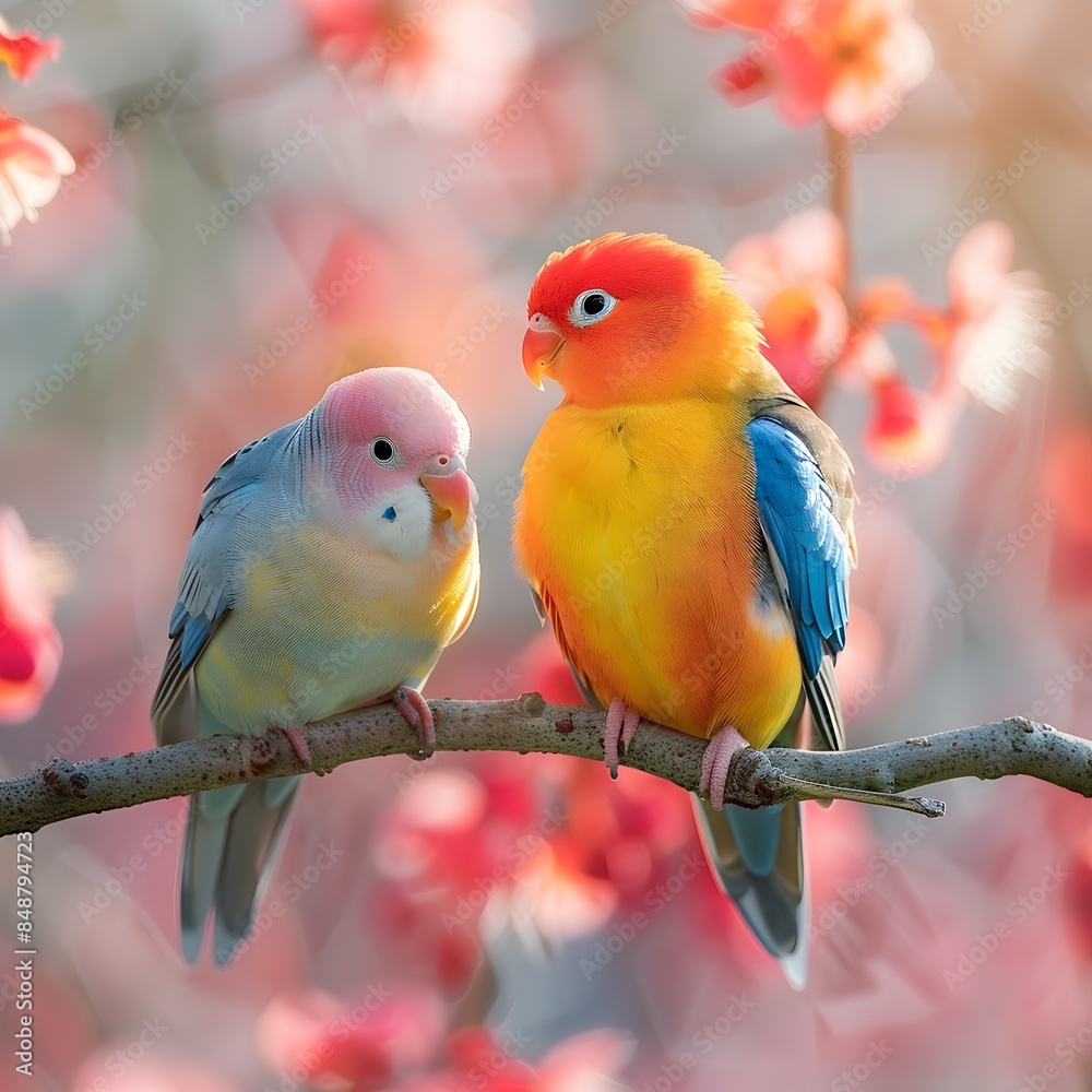 Obraz premium Loving Lovebirds Perching on Spring Branch in Blossoming Garden