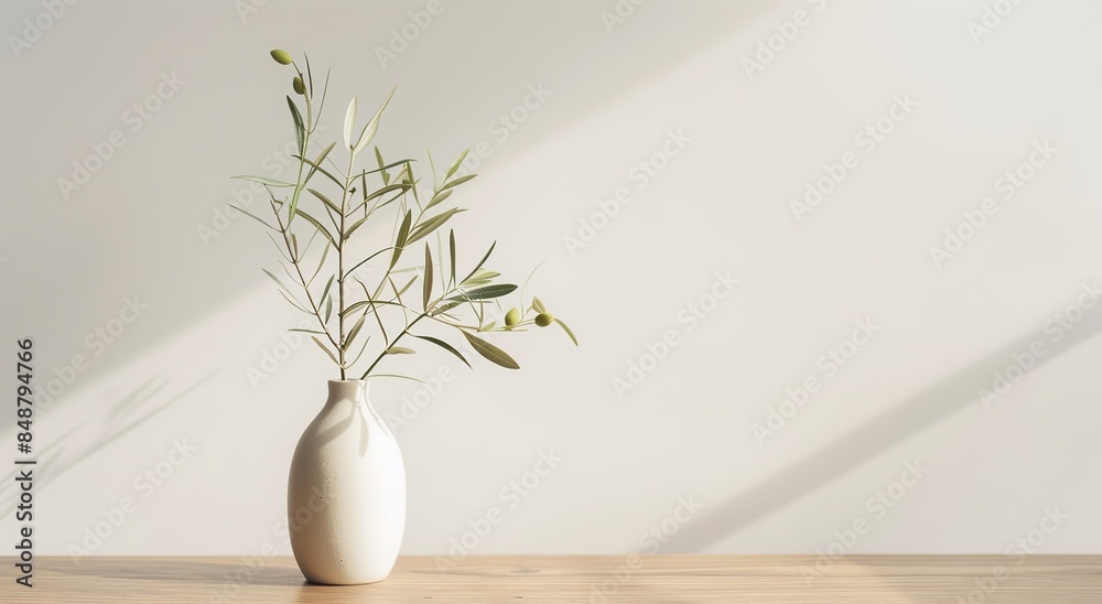 Minimalistic Product Photography: Olive Plant in Elegant Vase on Wooden Table, High Resolution Ecommerce Image with Soft Studio Lighting Minimalistic Product Photography: Olive Plant in Elegant Vase on Wooden Table, High Resolution Ecommerce Image with Soft Studio Lighting