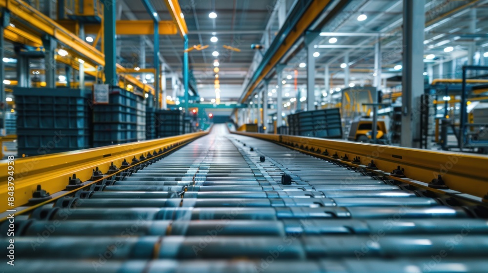 A modern smart factory interior with an empty conveyor belt system. Efficient Production Line. Industrial Automation Concept. A modern smart factory interior with an empty conveyor belt system. Efficient Production Line. Industrial Automation Concept.