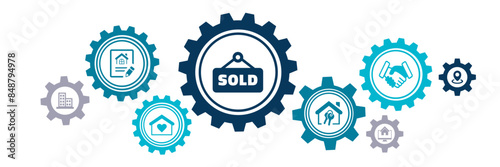 Real estate vector illustration. Blue concept with connected icons on property sales & listings, realtor agency & contractor, residential property, investment, housing project, property development.  photo