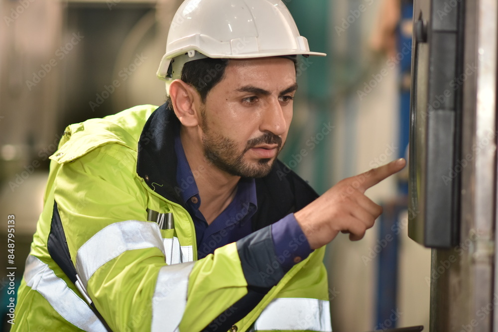 Manager inspecting in product factory. Engineer checking machine in factory. Worker in factory.