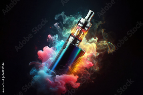 electronic cigarette vape with colorful smoke around it Isolated on black background