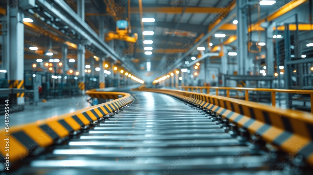 Fototapeta premium A modern smart factory interior with an empty conveyor belt system. Efficient Production Line. Industrial Automation Concept.