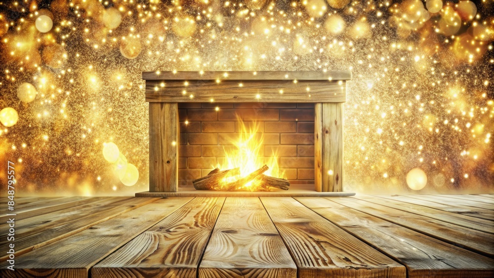 Cozy fireplace with sparkling golden decorations and warm wooden floor. Cozy fireplace with sparkling golden decorations and warm wooden floor.