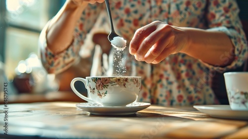Woman pouring sugar into a floral tea cup. Morning breakfast scene with floral pattern dress. Warm and cozy atmosphere with wooden table setting. Perfect for lifestyle blogs or greeting cards. AI photo