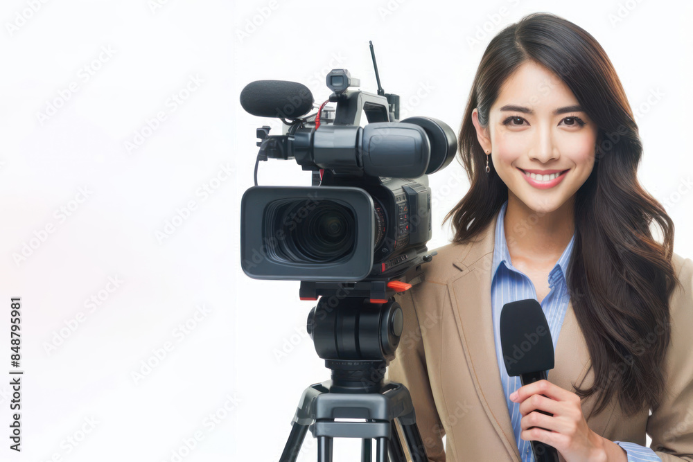 reporter journalist in front of camera making breaking news reportage Isolated reporter journalist in front of camera making breaking news reportage Isolated