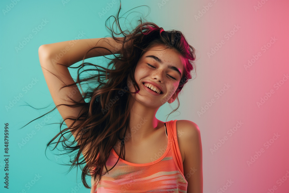 Happy young model posing in isolated studio Happy young model posing in isolated studio