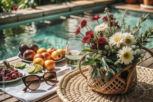A basket of flowers and fruit is on a table by a pool