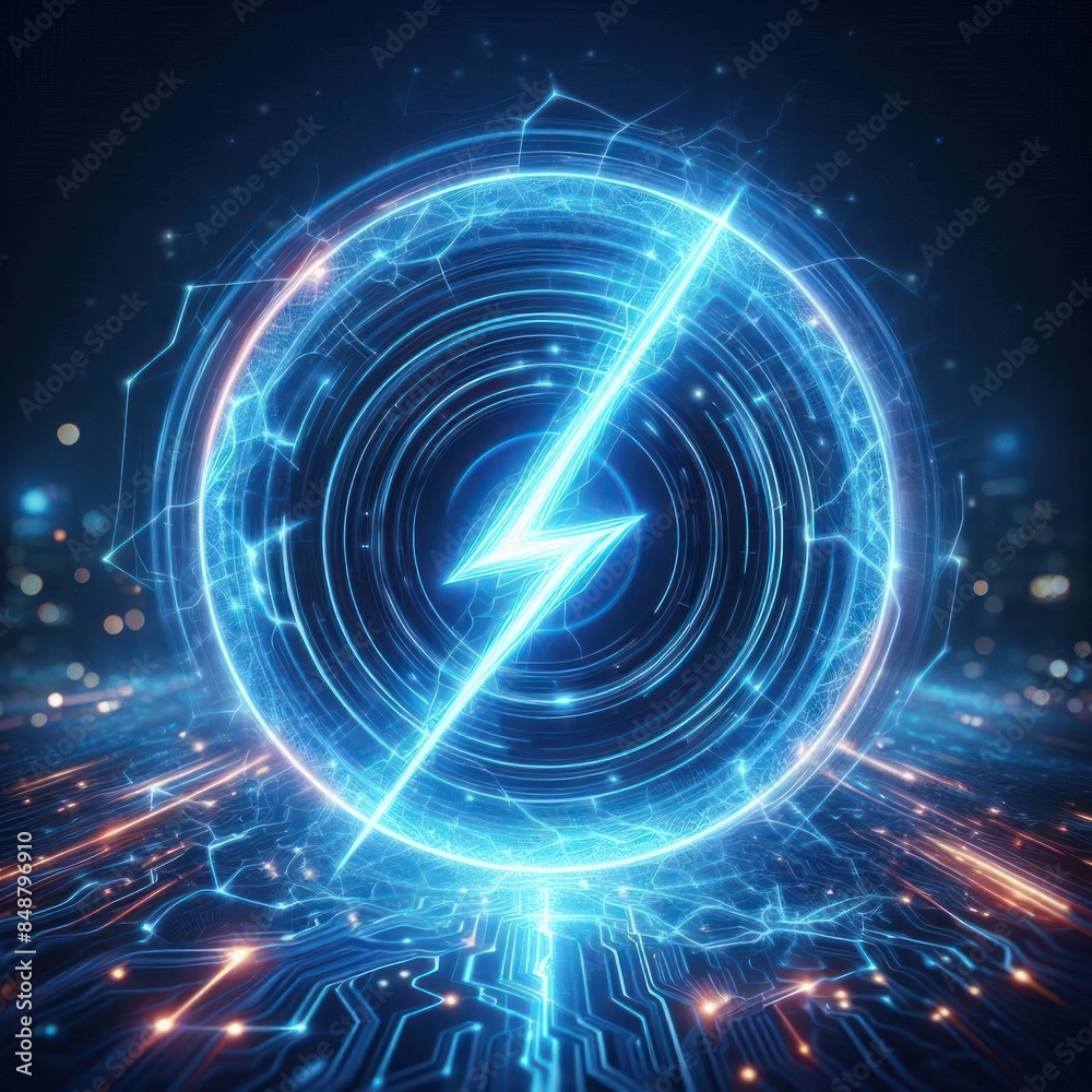 Fototapeta premium Neon blue energy lightning circle on dark blurred background