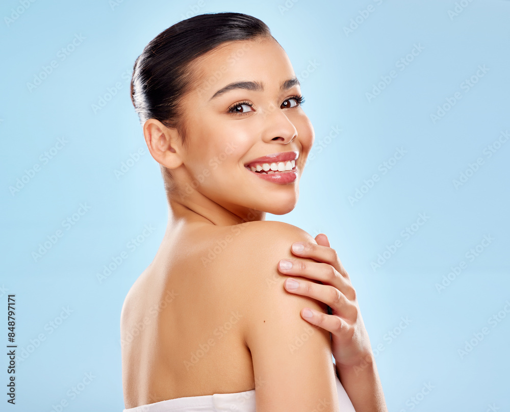 Happy, shoulder and portrait of woman for skincare, wellness and aesthetics for beauty in studio. Model girl, cosmetics and dermatology treatment with collagen for fine lines, glow and confidence Happy, shoulder and portrait of woman for skincare, wellness and aesthetics for beauty in studio. Model girl, cosmetics and dermatology treatment with collagen for fine lines, glow and confidence