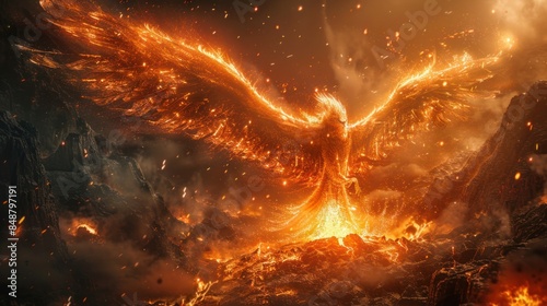 A burning phoenix on a volcano wing with fire defending flames in a volcanic landscape