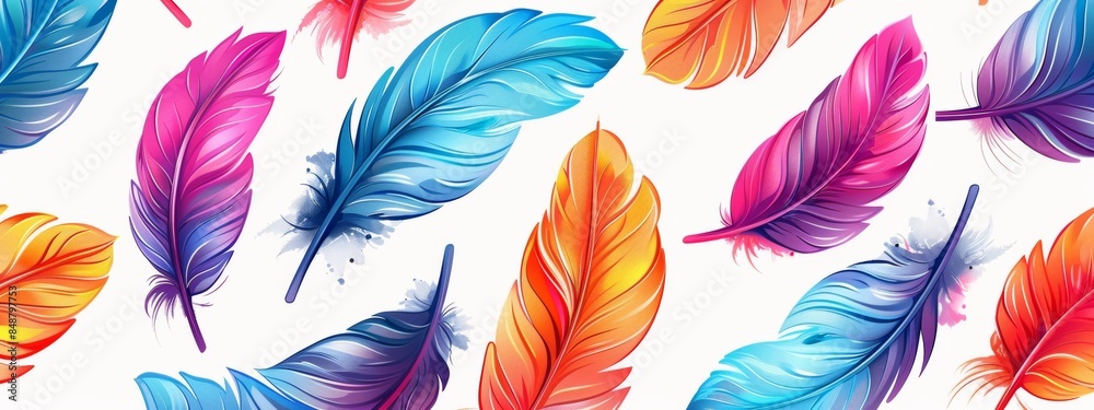 Seamless pattern featuring colorful feathers of exotic birds. Seamless pattern featuring colorful feathers of exotic birds.