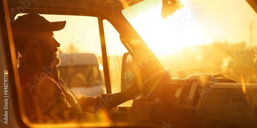 Wallpaper Mural Truck driver drives through golden hour with sunlight streaming into vehicle. Concept Truck Driver, Golden Hour, Sunlight, Interior, Driving Torontodigital.ca