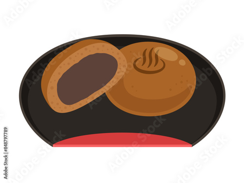 黒皿にのった温泉饅頭のベクターイラスト