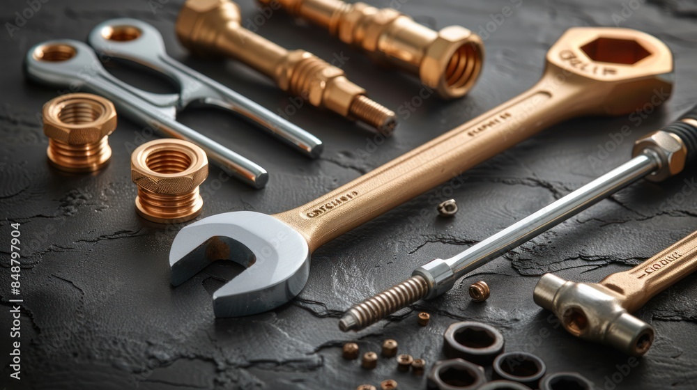 A plumber's tools and plumbing accessories are laid out on a stone black background A plumber's tools and plumbing accessories are laid out on a stone black background