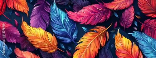 Seamless pattern featuring colorful feathers of exotic birds.