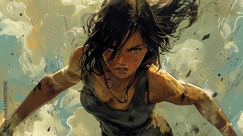 Fierce and Agile Female Character in Dynamic Graphic Novel