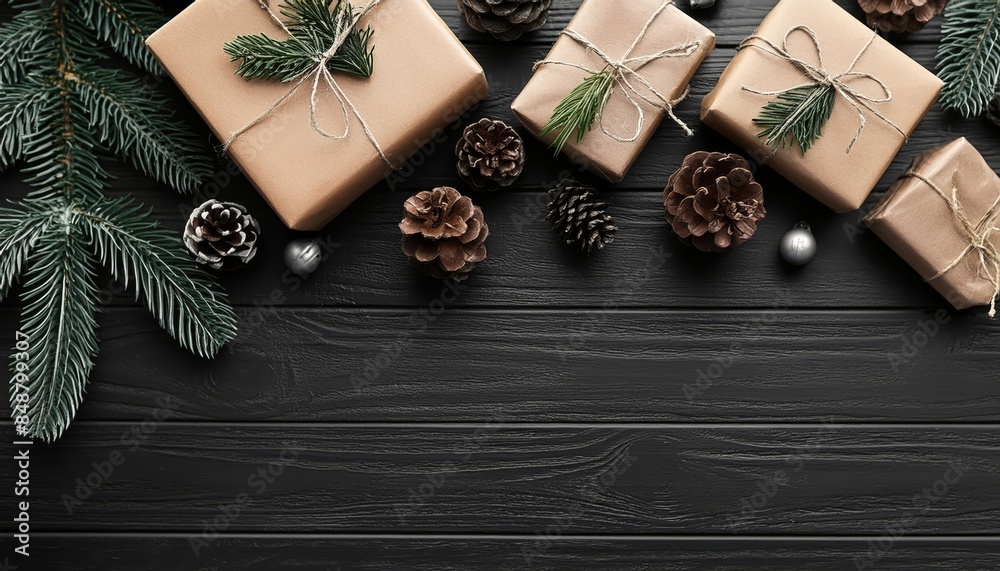 Fototapeta premium Holiday Decor, Gifts and Pine Cones on Black Wooden