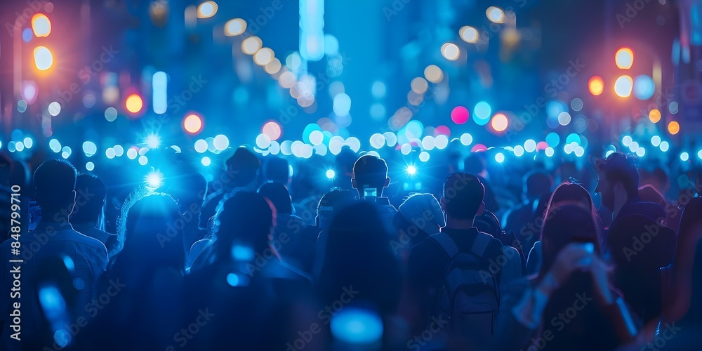 Crowd enjoys soothing blue light from 5G network. Concept 5G Network, Blue Light, Crowd, Enjoyment, Technology