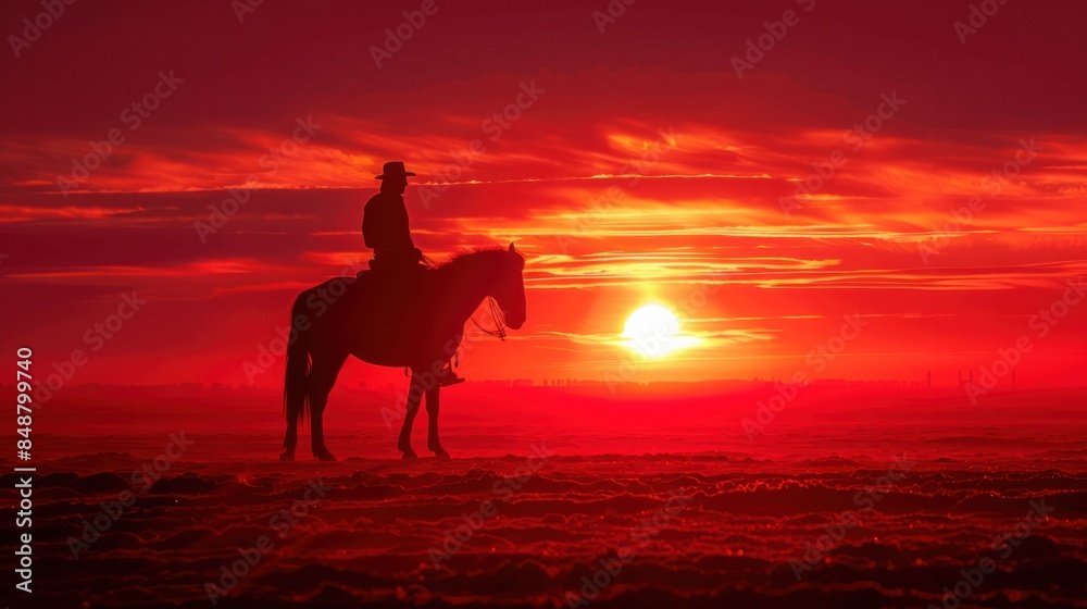 red sunset cowboy silhouette horse in desert and sun nature landscape sunrise red sunset cowboy silhouette horse in desert and sun nature landscape sunrise