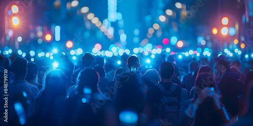 Crowd enjoys soothing blue light from 5G network. Concept 5G Network, Blue Light, Crowd, Enjoyment, Technology photo