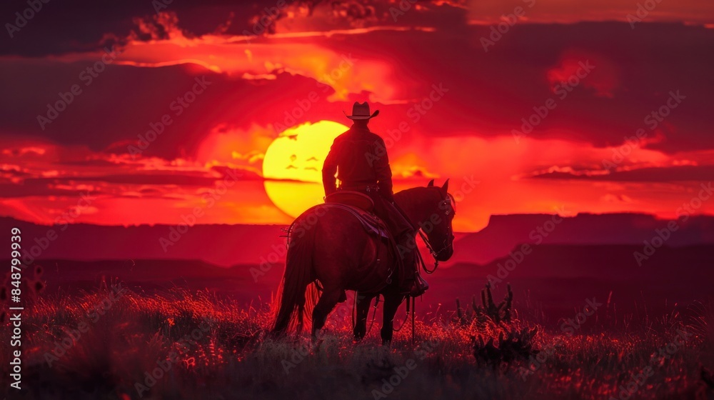 red sunset cowboy silhouette horse in desert and sun nature landscape sunrise red sunset cowboy silhouette horse in desert and sun nature landscape sunrise