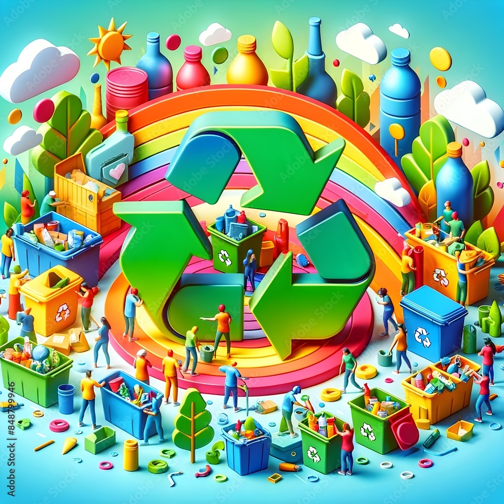 Naklejka premium Colorful Recycling Scene with Diverse People and Eco Symbols