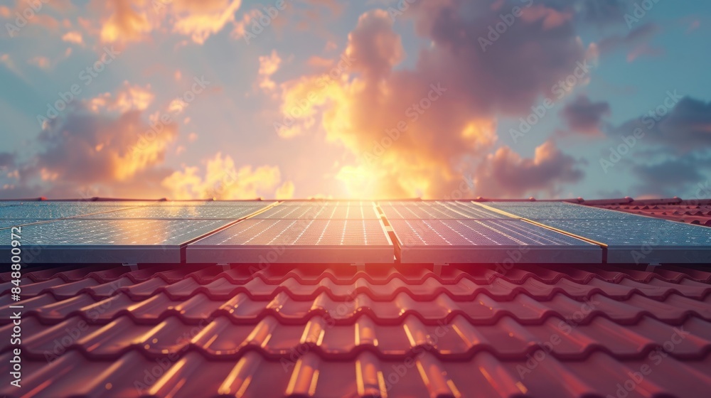 Fototapeta premium An energy video background featuring solar energy. An animated video background featuring solar panels on a red roof gleams under a bright sun, perfect for promoting renewable energy sources