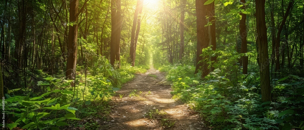 Path through a dense green forest, representing sustainable energy pathways, sunlit landscape with lush greenery, focus on Earth's green roadmap Path through a dense green forest, representing sustainable energy pathways, sunlit landscape with lush greenery, focus on Earth's green roadmap