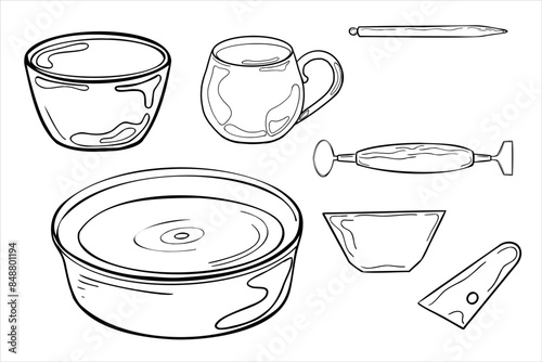 Pottery wheel and ceramic dishes in black white line vector illustration isolated. Bowl mug silhouette in ink hand drawn. Objects of pottery art coloring. Pottery tools outline. For ceramics class