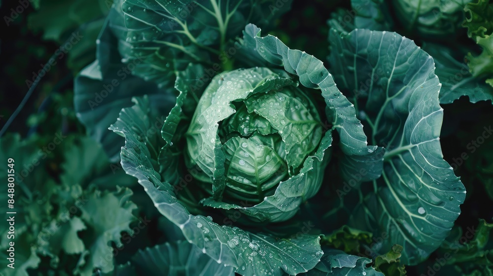 Obraz premium Organic green cabbage in a garden up close