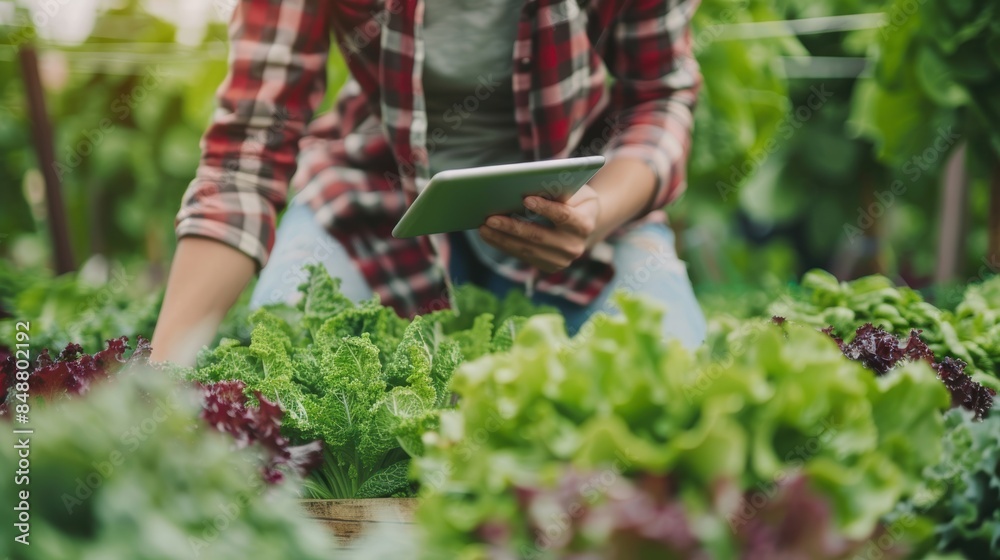 Young farmer with a digital tablet, checking fresh vegetables in an organic farm, close-up, agriculture technology and smart farming Young farmer with a digital tablet, checking fresh vegetables in an organic farm, close-up, agriculture technology and smart farming