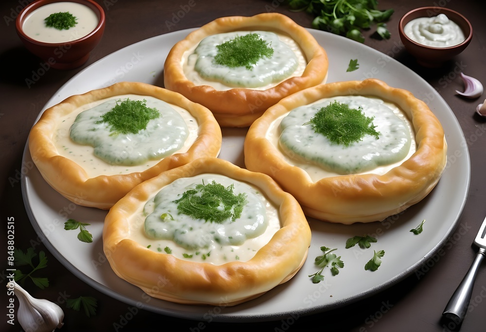 huangarian creamy langos with cheese, garlic and herbs. huangarian creamy langos with cheese, garlic and herbs.
