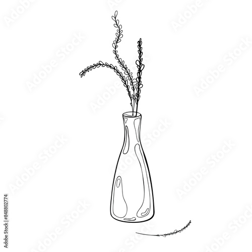 Tall vase narrow neck with plants vector graphic illustration isolated. Jug ceramic slim shapes in black white line hand drawn. High vase contour ink painted. For ceramic class, school, modeling clay