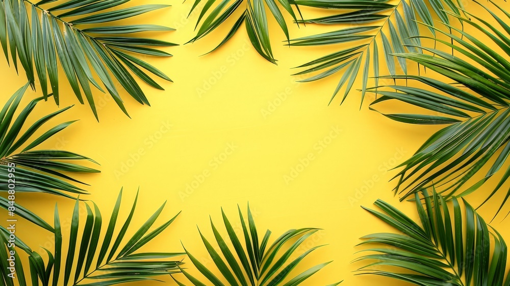  Flat-lay of green palm branches over yellow background, top view, copy space, wide composition. summer vacation, travel or fashion concept. summer. 