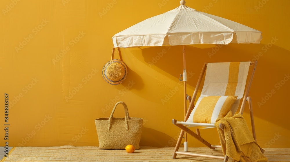 beach chair paired with a matching umbrella and beach tote, arranged in a picturesque setup, beach chair paired with a matching umbrella and beach tote, arranged in a picturesque setup,