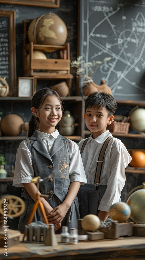 junior students in uniform men and women advertising commercial photo with library background. ai generated junior students in uniform men and women advertising commercial photo with library background. ai generated