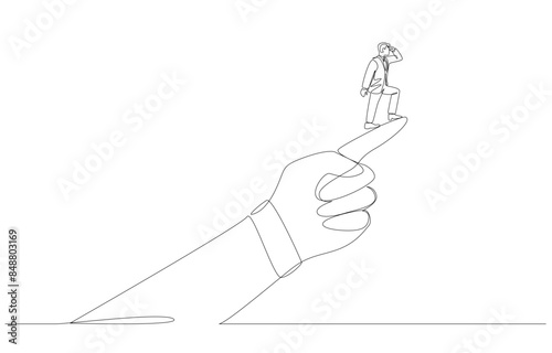 Continuous one line drawing of businessman standing on pointing finger of boss's hand looking forward, business guidance, leadership concept, single line art.