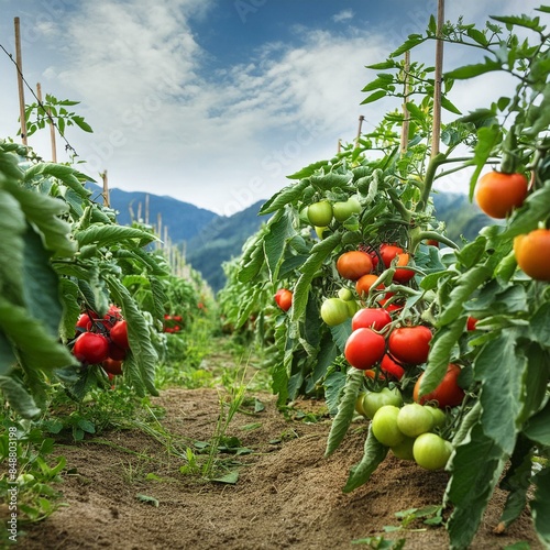 Vibrant plantation of tomato bushes with aromatic ripe fruits