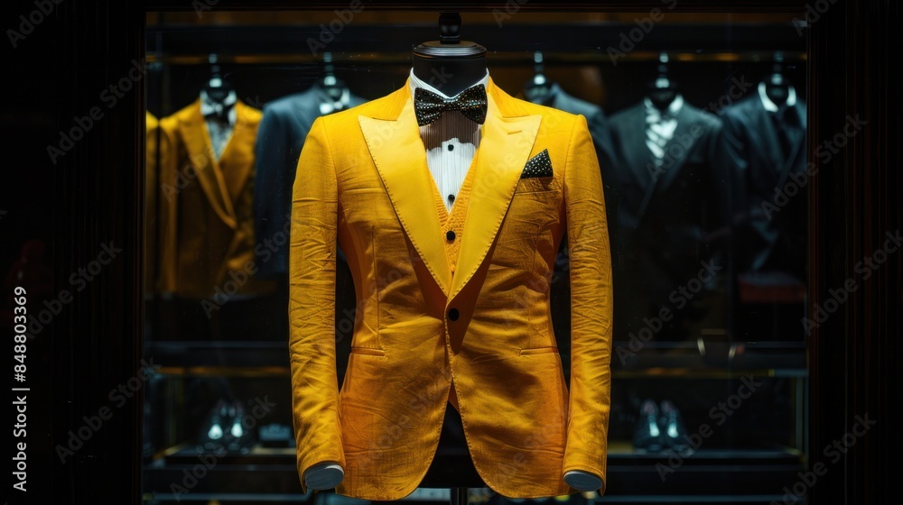 Yellow suit, tuxedo displayed on mannequin Isolated on black background.