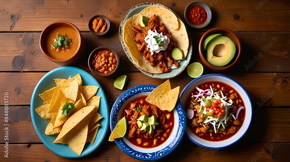 Wide view of various typical Mexican foods served on a rustic wooden table. Dishes include pozole, churros and tacos al pastor. Empty space at the bottom right for your text. Wide view of various typical Mexican foods served on a rustic wooden table. Dishes include pozole, churros and tacos al pastor. Empty space at the bottom right for your text.