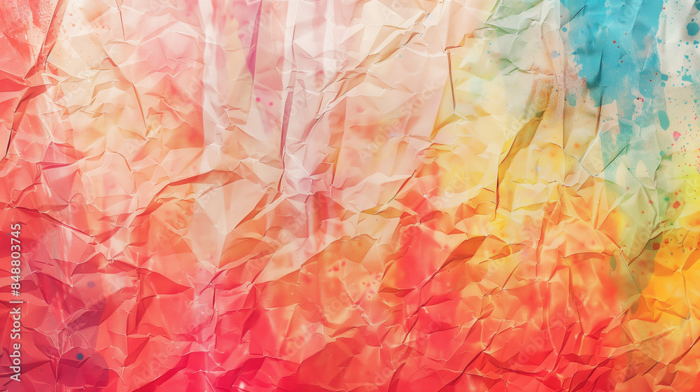 The creamy, crumpled texture of the poster combined with an abstract fabric in a rainbow ikat pattern and a classic, vintage tie-dye rug in pastel red. The creamy, crumpled texture of the poster combined with an abstract fabric in a rainbow ikat pattern and a classic, vintage tie-dye rug in pastel red.